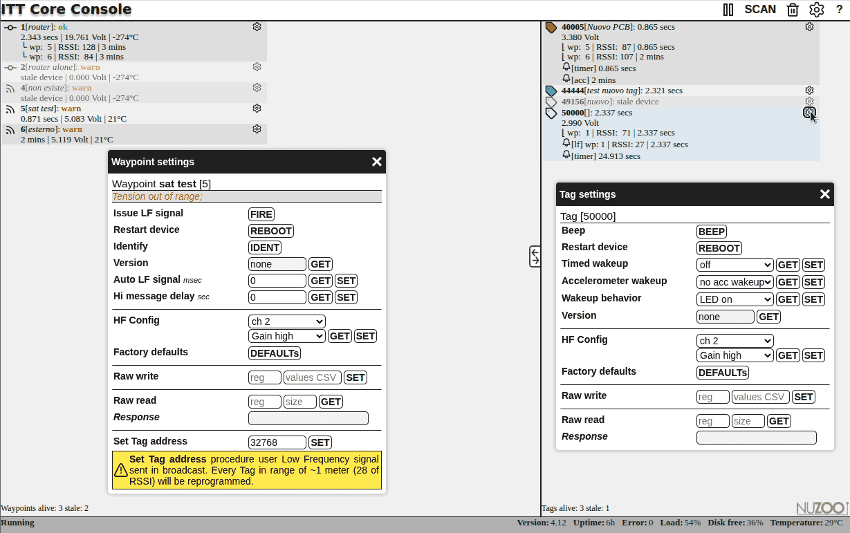 The ITT Core Console software displaying configuration panels for waypoint and tag diagnostics. It illustrates system management controls, including device parameter settings, signal testing, and real-time status logs.