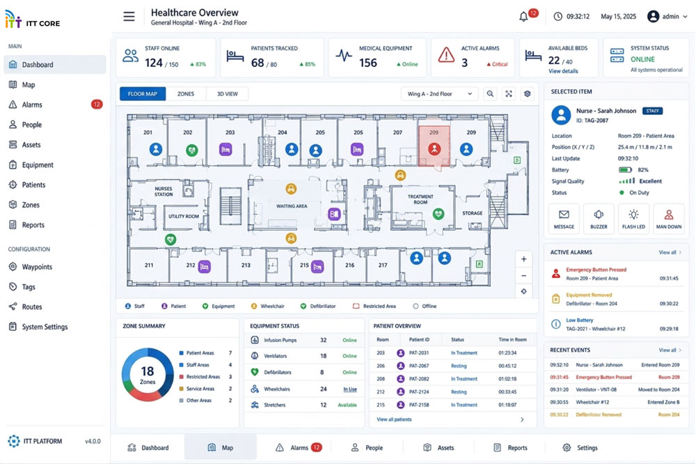 Healthcare RTLS platform dashboard displaying medical equipment, staff locations and monitored hospital rooms in real time