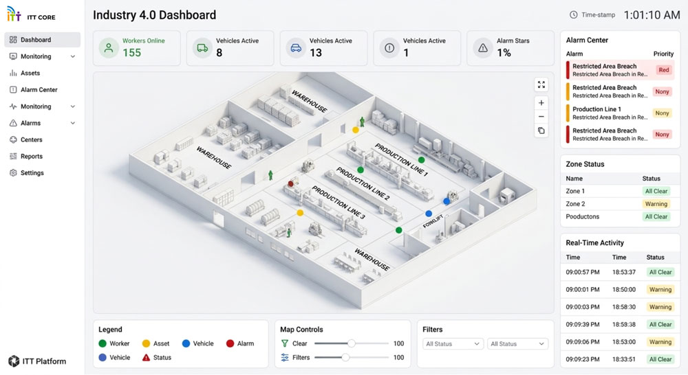 Interactive RTLS dashboard map showing real-time locations and status information for tracked industrial assets