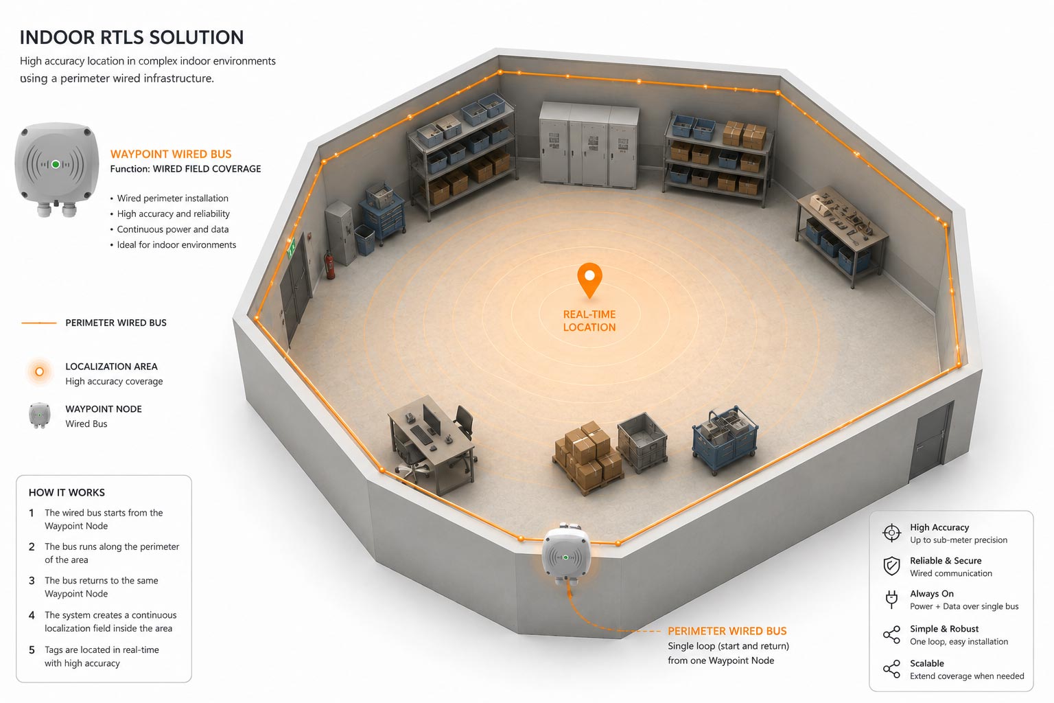 An diagram illustrating an indoor RTLS solution that uses a perimeter wired bus connected to a Waypoint to create a continuous localization field for high-accuracy tracking.