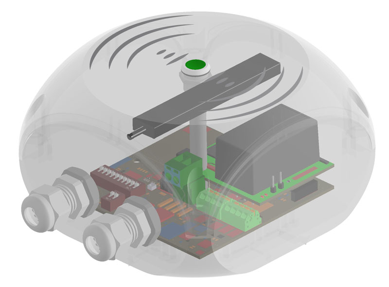 A 3D rendering showing the internal components of a Waypoint device through a translucent dome enclosure, highlighting its circuit board, internal antenna, and cable glands.
